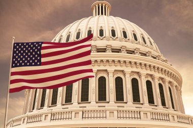 Beautiful flag of the United States of America waving with the strong wind and behind it the dome of the Capitol USA 3D RENDER, 3D RENDERING.	