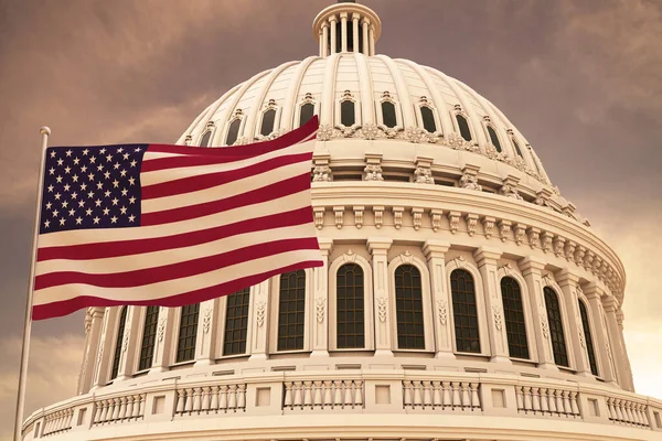 Beautiful Flag United States America Waving Strong Wind Dome Capitol — Stock Photo, Image