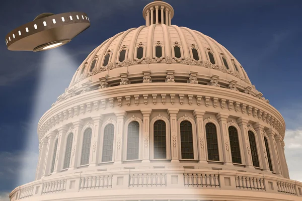 UFO, unidentified flying object AND the dome of the Capitol USA 3D RENDER, 3D RENDERING.
