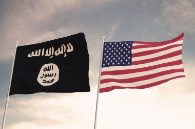 Spectacular representation of the flags of the United States  USA and the terrorist group Islamic State ISIS ISIS-K KHORASAN 3D RENDERING. clipart