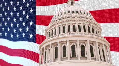 Amerika Birleşik Devletleri Kongre Binası 'nın arka planında ABD bayrağının dalgalandığı 3D temsilinin güzel ve etkileyici konsepti.