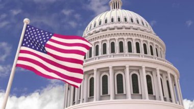 Amerika Birleşik Devletleri Kongre Binası 'nın Amerika Birleşik Devletleri bayrağıyla güzel ve etkileyici bir temsili..