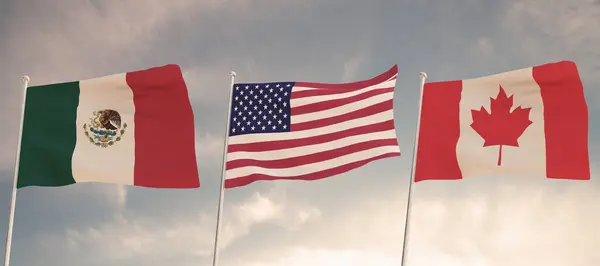 Meksika, Amerika Birleşik Devletleri ve Kanada arasındaki ilişkiler bulutlu bir gökyüzü tarifesine karşı el sallayan üç bayrak konseptiyle temsil edilmekteydi..