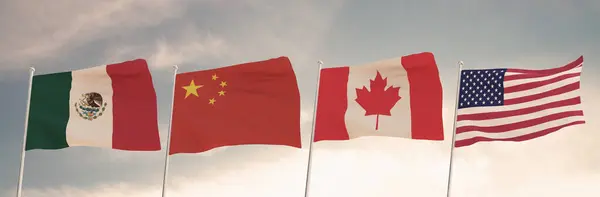 Meksika, Çin, Kanada ve Amerika Birleşik Devletleri arasındaki ilişkiler bulutlu bir gökyüzü tarifesine karşı el sallayan üç bayrak konseptiyle temsil edilmektedir..