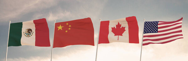Отношения между Мексикой, Китаем, Канадой и Соединенными Штатами Америки представлены концепцией трех флагов, размахивающих на фоне облачных тарифов на небо..