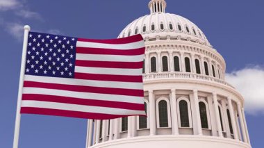 Amerika Birleşik Devletleri Kongre Binası 'nın Amerika Birleşik Devletleri bayrağıyla güzel ve etkileyici bir temsili..