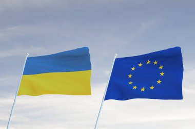 UKRANIE ve AVRUPA BİRLİĞİ bayrakları bulutlu mavi gökyüzü arkaplanıyla dalgalanıyor, WAR 3D görüntüleme