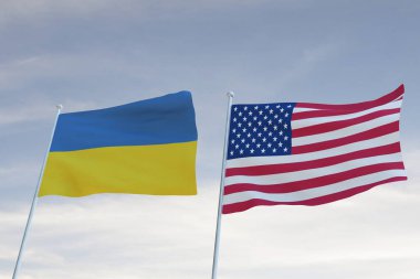 UKRANIE ve Amerika Birleşik Devletleri bayrakları bulutlu mavi gökyüzü arkaplanı, WAR 3D görüntüleme