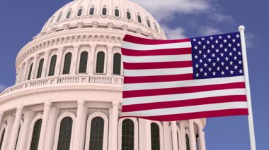 Amerika Birleşik Devletleri Kongre Binası 'nın Amerika Birleşik Devletleri bayrağıyla güzel ve etkileyici bir temsili..