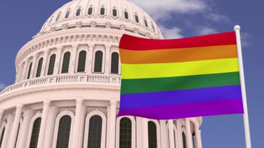 LGBT 'nin güzel bayrağı güçlü rüzgarla sallanıyor ve arkasında da Capitol USA LGBTQ' nun kubbesi, gay gururu, LGBTQ+