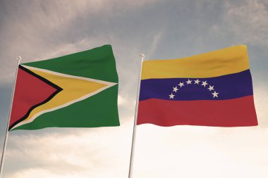 Venezuela ve Guyana arasındaki ilişkiler bulutlu bir gökyüzüne doğru dalgalanan iki bayrakla sembolize edilir ve Essequibo anlaşmazlığını vurgular. 3 Boyutlu Hazırlama.