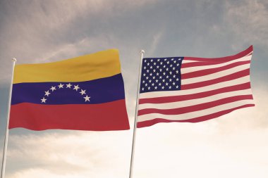 Venezuela ve Amerika Birleşik Devletleri arasındaki ilişkiler bulutlu bir gökyüzüne doğru dalgalanan iki bayrak tarafından sembolize ediliyor. 3 Boyutlu Hazırlama.