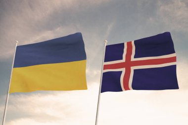 Ukrayna ve ICELAND bayrakları bulutlu mavi gökyüzü arkaplanıyla dalgalanıyor, 3D ülkeleri arasındaki ilişkiler.