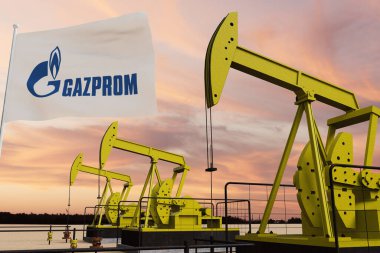 Güneş batarken GAZPROM 3D RUSSIA bayrağıyla güzel pompalama ve bulutlu gökyüzü
