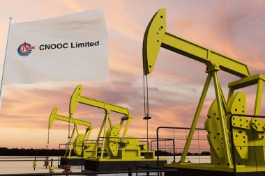 Güzel pompalama yağı çıkarma ve gün batımında bulutlu gökyüzü CNOOC Sınırlı Çin bayrağı 3D görüntüleme