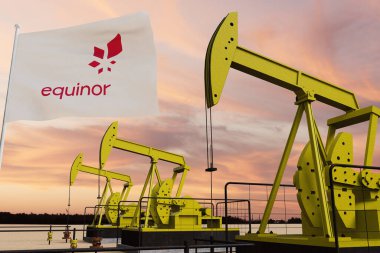 Güneş batarken hava bulutlu ve hava bulutlu. Norrway 3D bayrağıyla.