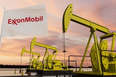 Güneş batarken Amerika Birleşik Devletleri 'nin 3 boyutlu bayrağıyla güzel bir pompalama ve bulutlu gökyüzü.