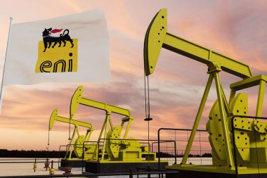 Güzel pompalama yağı çıkarma ve bulutlu gökyüzü ENI bayrak 3D ile günbatımında