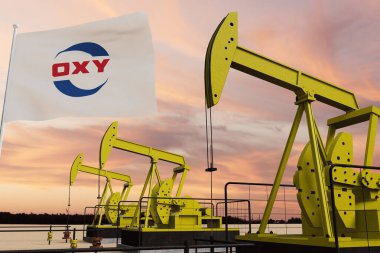 Güneş batarken güzel pompalama yağı çıkarma ve bulutlu gökyüzü ECCIDENTAL PETROLEUM ORPORATION OXY bayrağı Amerika Birleşik Devletleri 3D