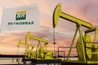 Gün batımında hava bulutlu ve hava bulutlu. BREZİL 3D BRAZİS bayrağıyla.