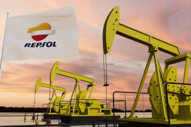 Güzel pompalama yağı çıkarma ve gün batımında bulutlu gökyüzü REPSOL bayraklı SPAIN 3D görüntüleme