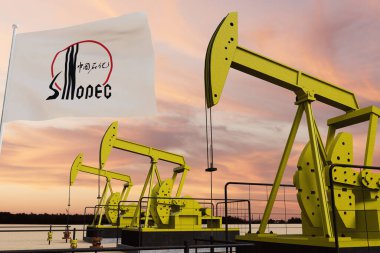 SINOPEC 3D Çin bayrağı ile gün batımında güzel pompalama yağı çıkarma ve bulutlu gökyüzü