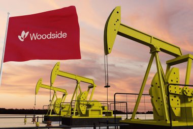 Güzel pompa yağı çıkarma ve güneş batarken hava bulutlu AUSTRALIA 3D bayraklı