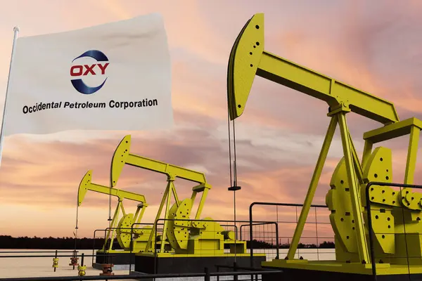 Güneş batarken güzel pompalama yağı çıkarma ve bulutlu gökyüzü ECCIDENTAL PETROLEUM ORPORATION OXY bayrağı Amerika Birleşik Devletleri 3D