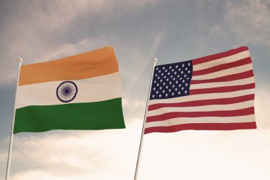 Amerika Birleşik Devletleri ve Hindistan arasındaki ilişkiler bulutlu bir gökyüzü 33d 'ye karşı dalgalanan iki bayrak konseptiyle temsil edilmektedir..
