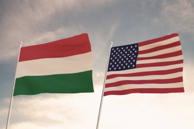 Amerika Birleşik Devletleri ve HUNGARY arasındaki ilişkiler bulutlu bir gökyüzü görüntüsüne karşı iki bayrak sallanması konseptiyle temsil edilmektedir..