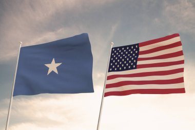 Amerika Birleşik Devletleri ülkeleri ile SOMALIA arasındaki ilişkiler bulutlu bir gökyüzüne karşı sallanan iki bayrak konseptiyle temsil edilmektedir..
