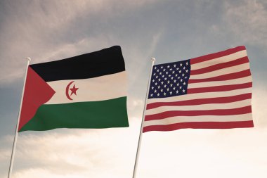 Amerika Birleşik Devletleri ülkeleri arasındaki ilişkiler ABD ve WESTERN SAHARA bulutlu bir gökyüzüne doğru sallanan iki bayrak konseptiyle temsil edilir..