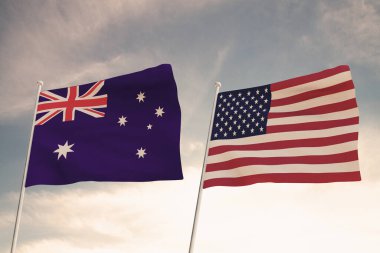Amerika Birleşik Devletleri ve AUSTRALIA arasındaki ilişkiler bulutlu bir gökyüzüne karşı sallanan iki bayrak konseptiyle temsil edilmektedir..