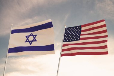 Amerika Birleşik Devletleri ülkeleri ve ISRAEL arasındaki ilişkiler bulutlu bir gökyüzü 33d görüntüsüne karşı iki bayrak sallama konseptiyle temsil edilmektedir..