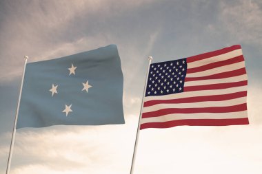 Amerika Birleşik Devletleri ve MICRONESIA arasındaki ilişkiler bulutlu bir gökyüzüne karşı sallanan iki bayrak konseptiyle temsil edilmektedir..