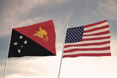 Amerika Birleşik Devletleri ülkeleri ve PAPUA NEW GUINEA arasındaki ilişkiler bulutlu bir gökyüzü 3D görüntüsüne karşı iki bayrak sallama konseptiyle temsil edilir..