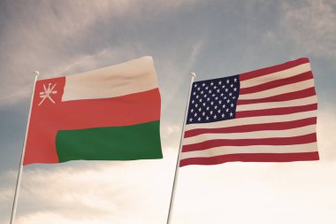 Amerika Birleşik Devletleri ülkeleri ve OMAN arasındaki ilişkiler bulutlu bir gökyüzü 33d 'ye karşı dalgalanan iki bayrak konseptiyle temsil edilir..