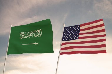 Amerika Birleşik Devletleri ülkeleri ve SAUDI ARABIA arasındaki ilişkiler bulutlu bir gökyüzüne karşı sallanan iki bayrak konseptiyle temsil edilmektedir..