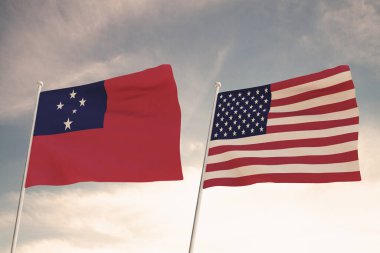 Amerika Birleşik Devletleri ve SAMOA arasındaki ilişkiler bulutlu bir gökyüzü 33d 'ye karşı iki bayrak sallama konseptiyle temsil edilmektedir..