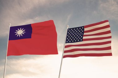 Amerika Birleşik Devletleri ve TAIWAN arasındaki ilişkiler bulutlu bir gökyüzü görüntüsüne karşı iki bayrak sallanması konseptiyle temsil edilmektedir..