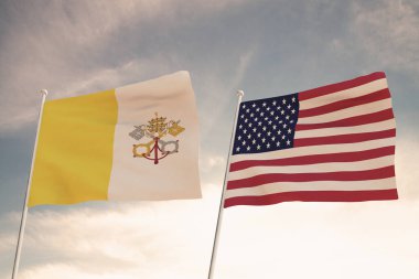 Amerika Birleşik Devletleri ve VATICAN arasındaki ilişkiler bulutlu bir gökyüzü görüntüsüne karşı iki bayrak sallanması konseptiyle temsil edilmektedir..