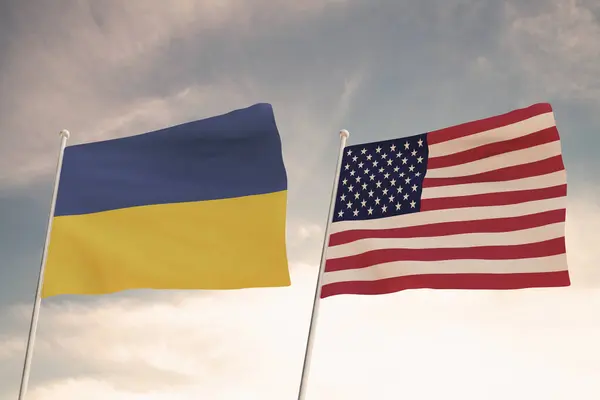 Amerika Birleşik Devletleri ülkeleri ve UKRAINE arasındaki ilişkiler bulutlu bir gökyüzü 33d görüntüsüne karşı iki bayrak sallama kavramı tarafından temsil edilmektedir..