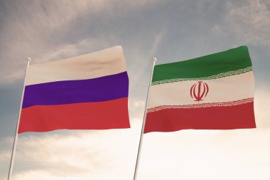 RUSSIA ve IRAN bayrakları bulutlu mavi gökyüzü arka planında dalgalanıyor, ülkeler arasındaki ilişkiler. WAR 3D görüntüleme.