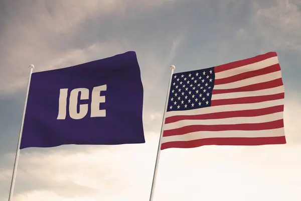 Amerika Birleşik Devletleri 'nin yanındaki muhteşem ICE bayrağı bulutların arka planında sallanıyor ve 3D mavi görüntü, 3D görüntü.