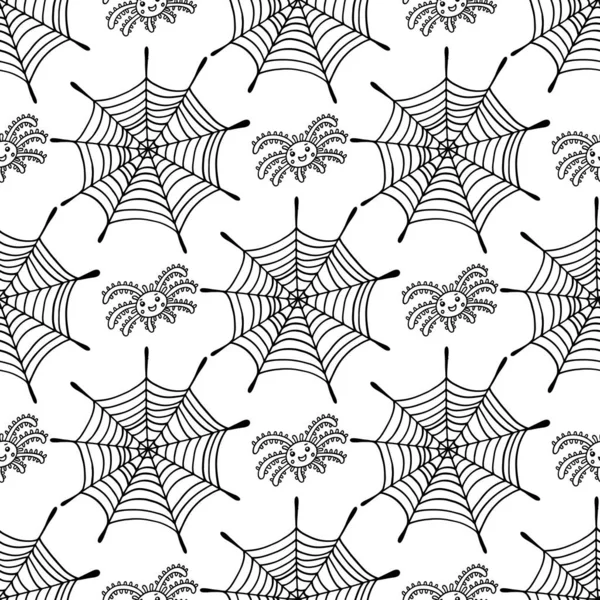 Spider Web Naadloos Patroon Zwart Witte Achtergrond Halloween Grappig Schattig — Stockvector