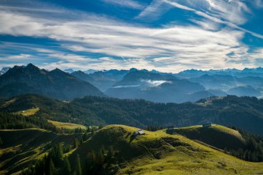Sattelegg, Switzerland - October 31, 2020: View from top of Chli Aubrig on beautiful nature during colorful autumn