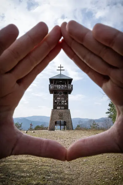 stock image Lookout tower Haj, Nova Bana, Slovak republic. Looking through the hands. Architectural theme. Travel destination.