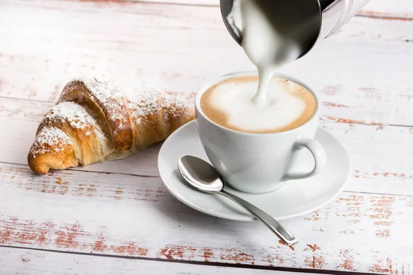 Making Cappuccino Milk Frother Wooden Table Croissant Imagen De Stock