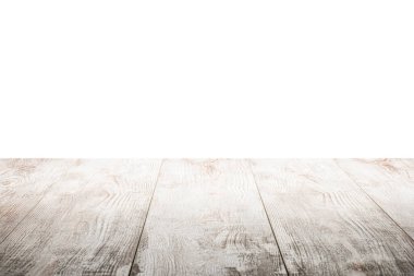 Masa ya da masa olarak tahta tahtalar, beyaz arkaplanda izole edilmiş..