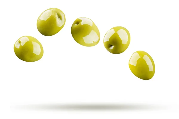 Зеленые Оливки Падают Изолированные Белом Фоне Стоковое Фото